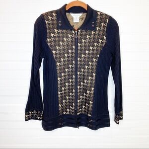 Exclusively Misook Zip up Black Brown Houndstooth Pattern Trim Cardigan Jacket